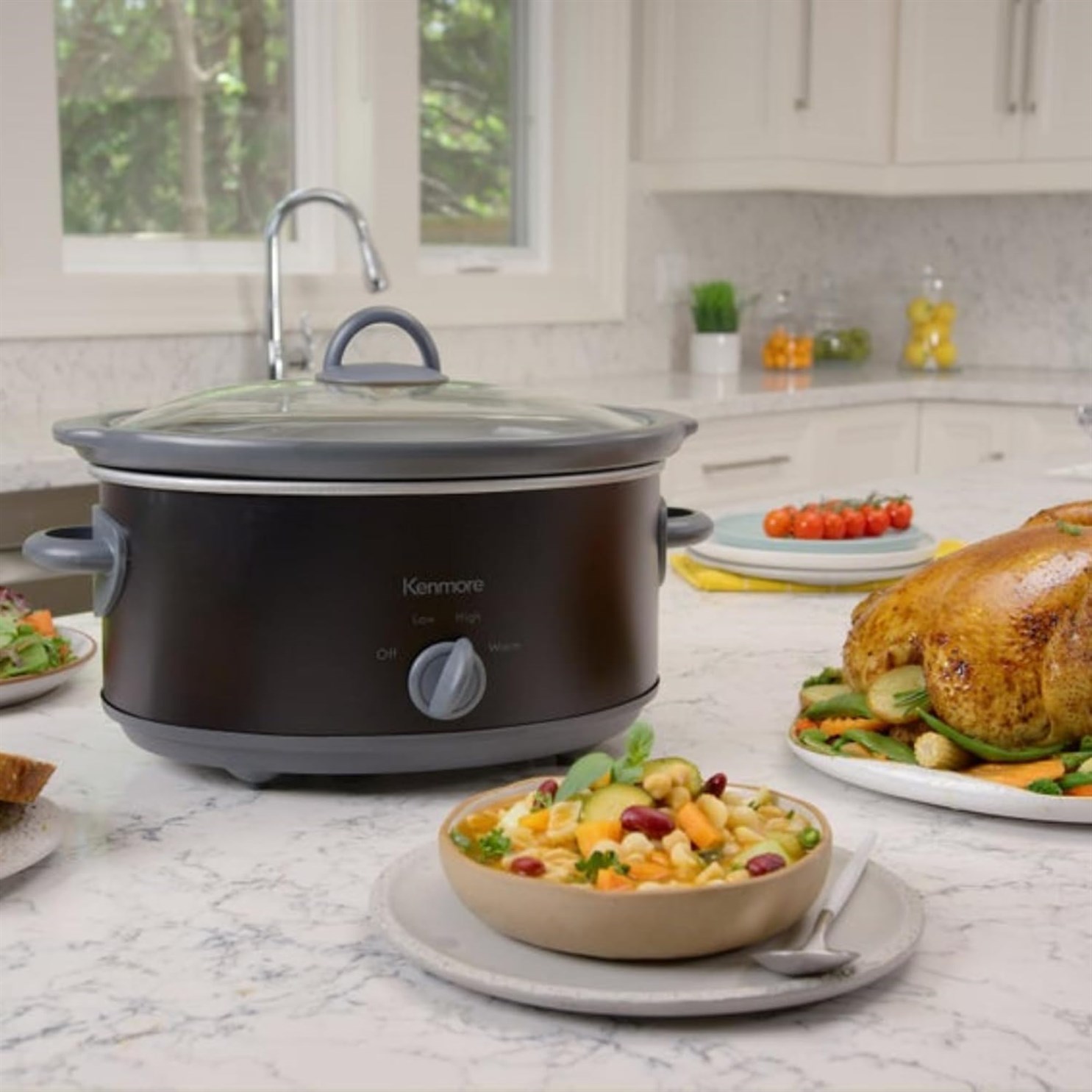 Kenmore 5 Quart Slow Cooker Mini Crock Pot With Glass Lid Stainless Steel Electric Cookers Warm Rice Sous Vide Stew Soup Lunch Dishwaher Safe Non Stick Ceramic Insert 5 lb Chicken 3 lb Roast